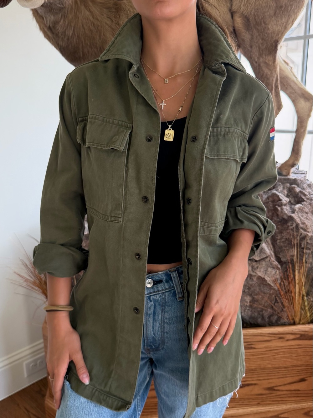 Vintage Dutch Military Jacket with Custom Wolf Patch, S